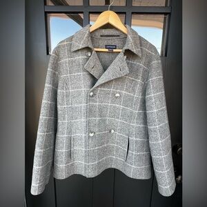 Ann Taylor Women's Gray Plaid Wool Blend Pea Coat Size L Business Preppy Casual